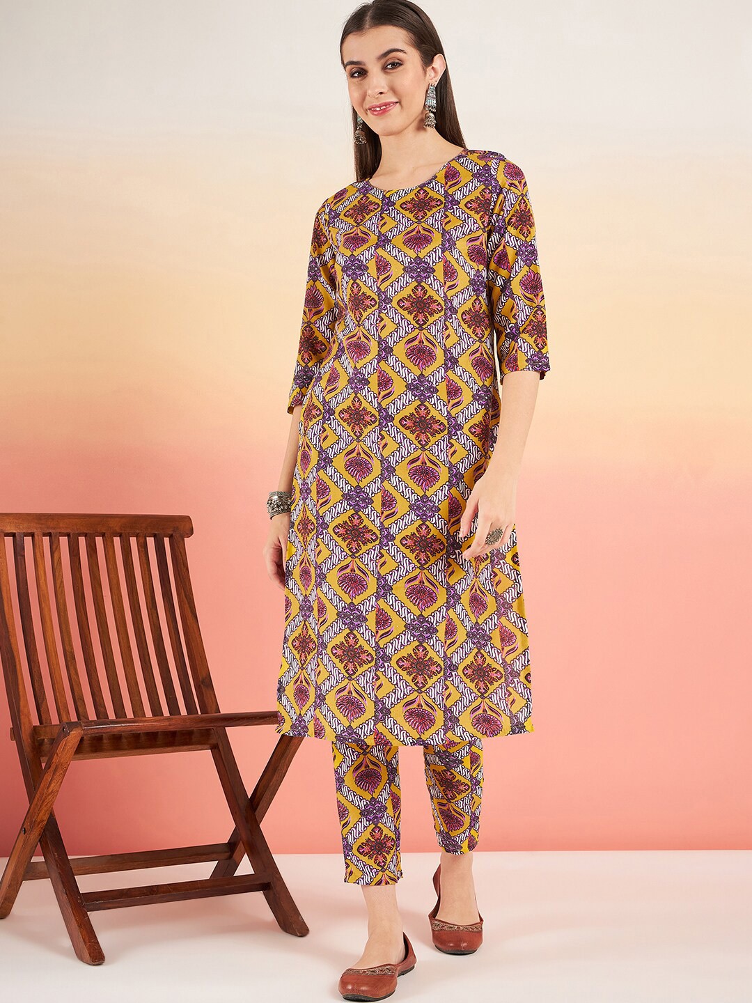 

Sangria Mustard Ethnic Motifs Printed Straight Kurta With Trouser