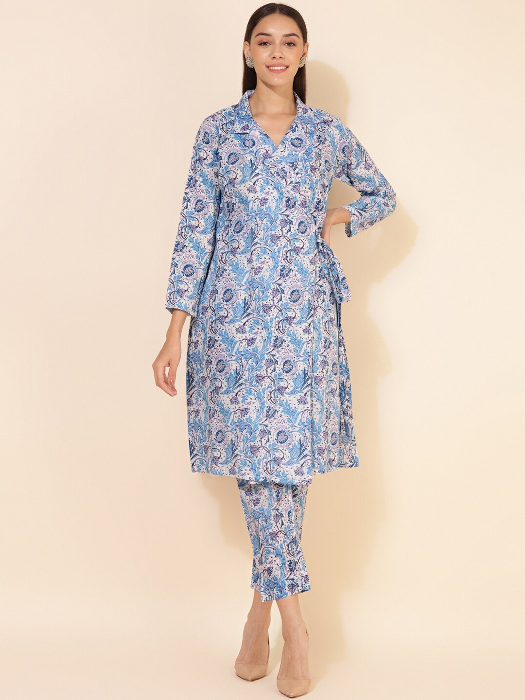 

Janasya Floral Printed Angrakha Pure Cotton Kurta With Trousers, White