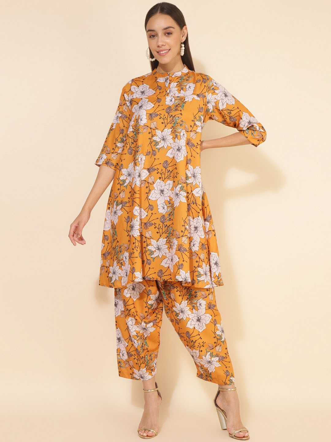 

Janasya Mustard Yellow Floral Printed Regular A-Line Kurta With Salwar