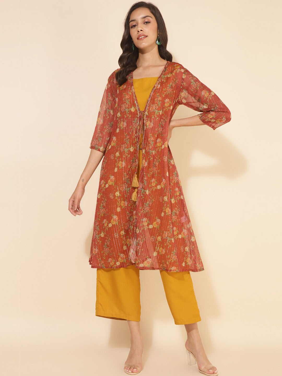 

Janasya Shoulder Straps Crop Top With Pant & Jacket, Mustard