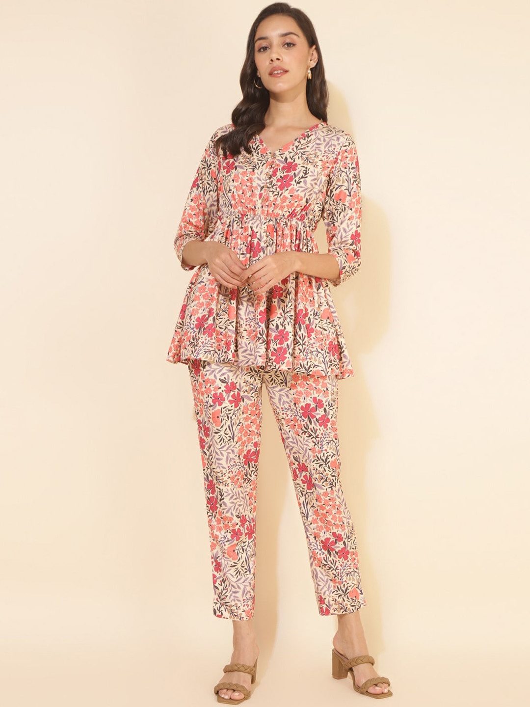 

Janasya Floral Printed V-Neck Gathered Tunic with Trouser, Beige