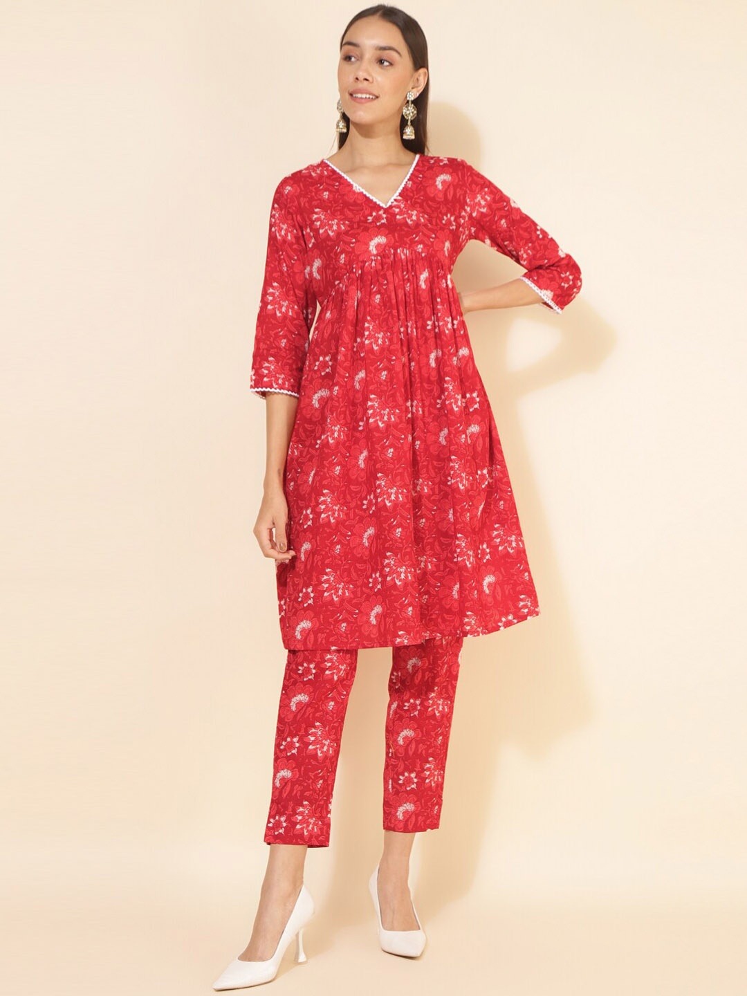 

Janasya Red Floral Printed Empire Pure Cotton A-Line Kurta with Trousers