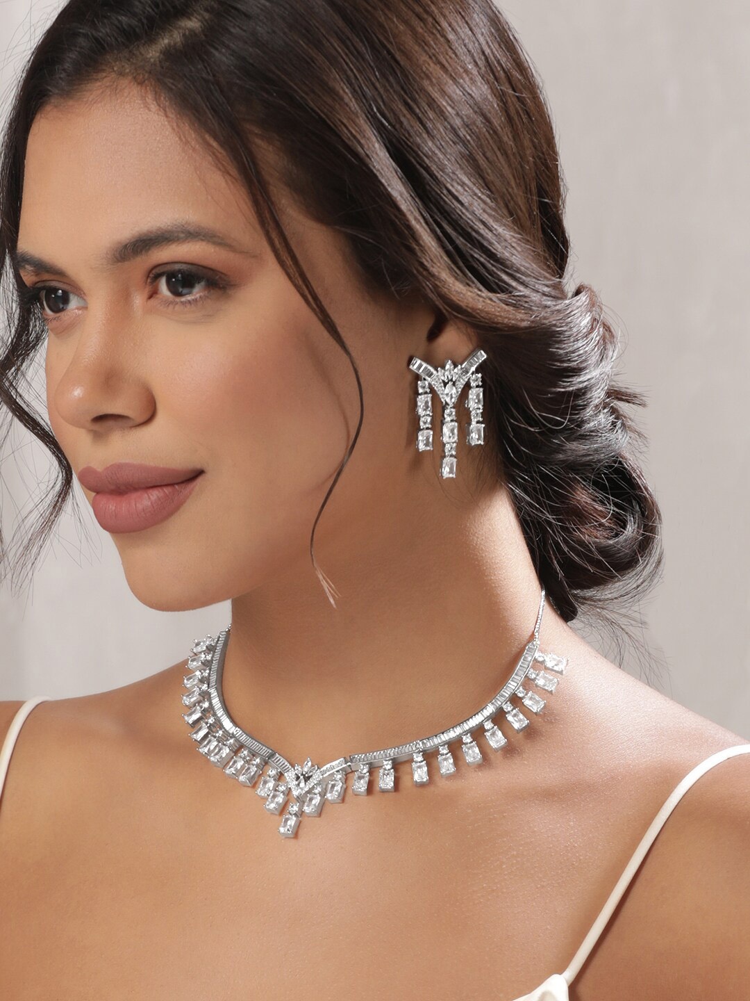 

Rubans Rhodium-Plated with Crystal Zirconia Studs Dazzling Necklace Set, Silver
