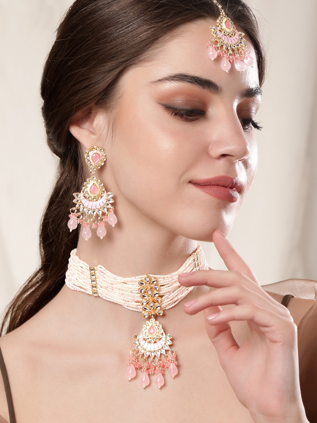 

Rubans Enamel Kundan Beaded Jewellery Set, Gold