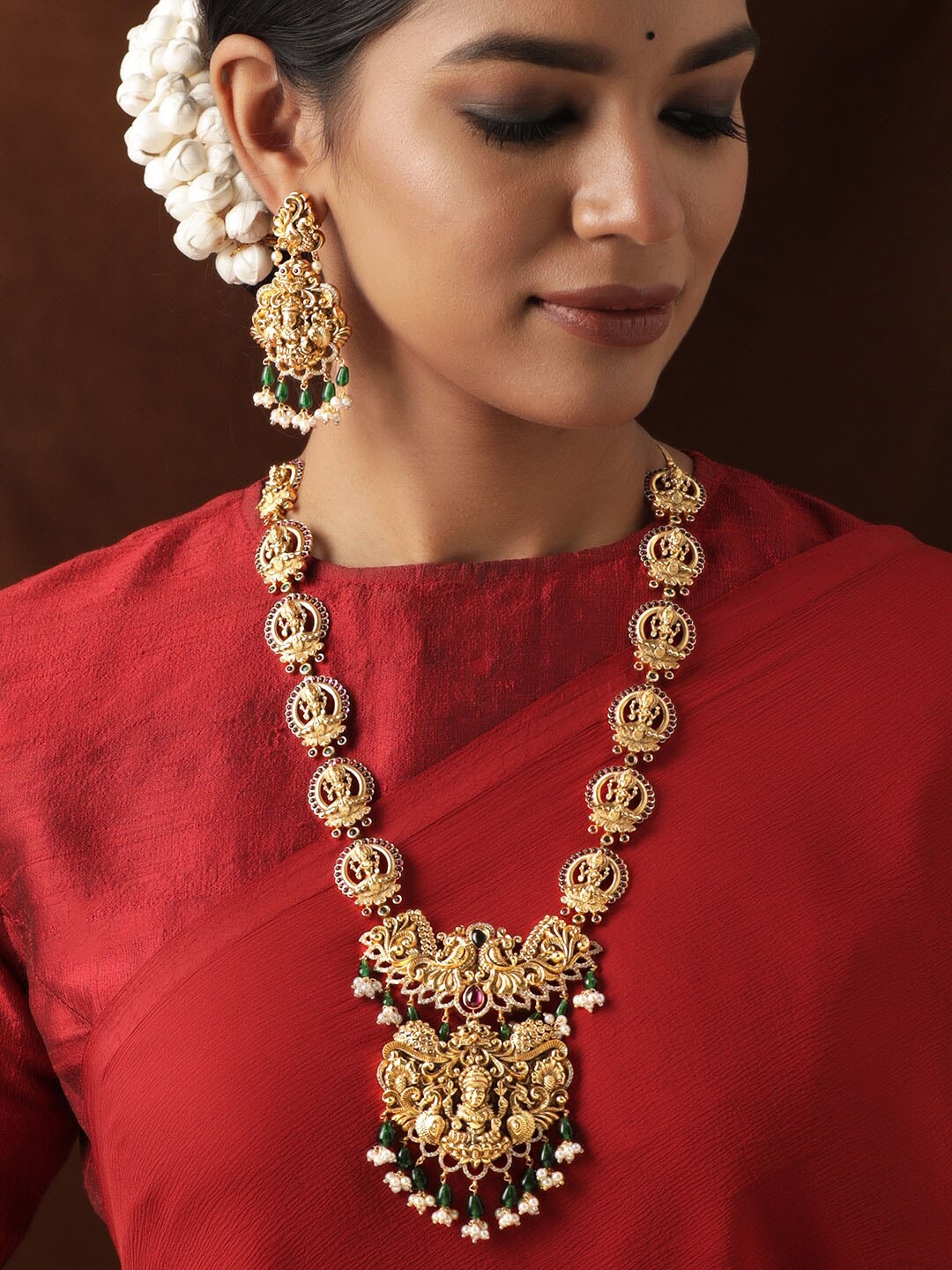 

Rubans 22K Gold-Plated Ruby & Emerald Studded & Beaded Lakshmi Motif Temple Jewellery Set