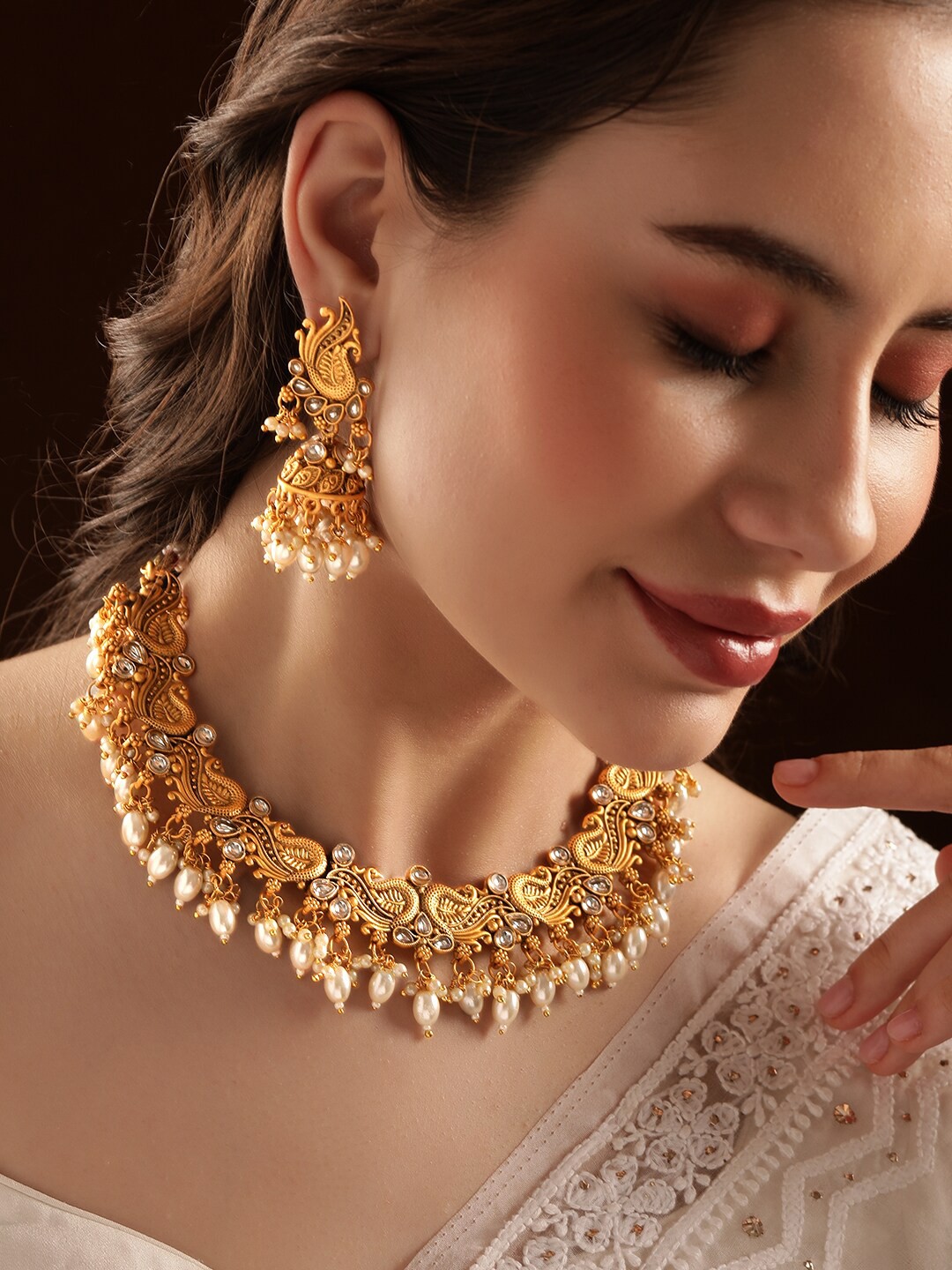 

Rubans Gold-Toned Peacock Motif Pearl Drops Necklace Set