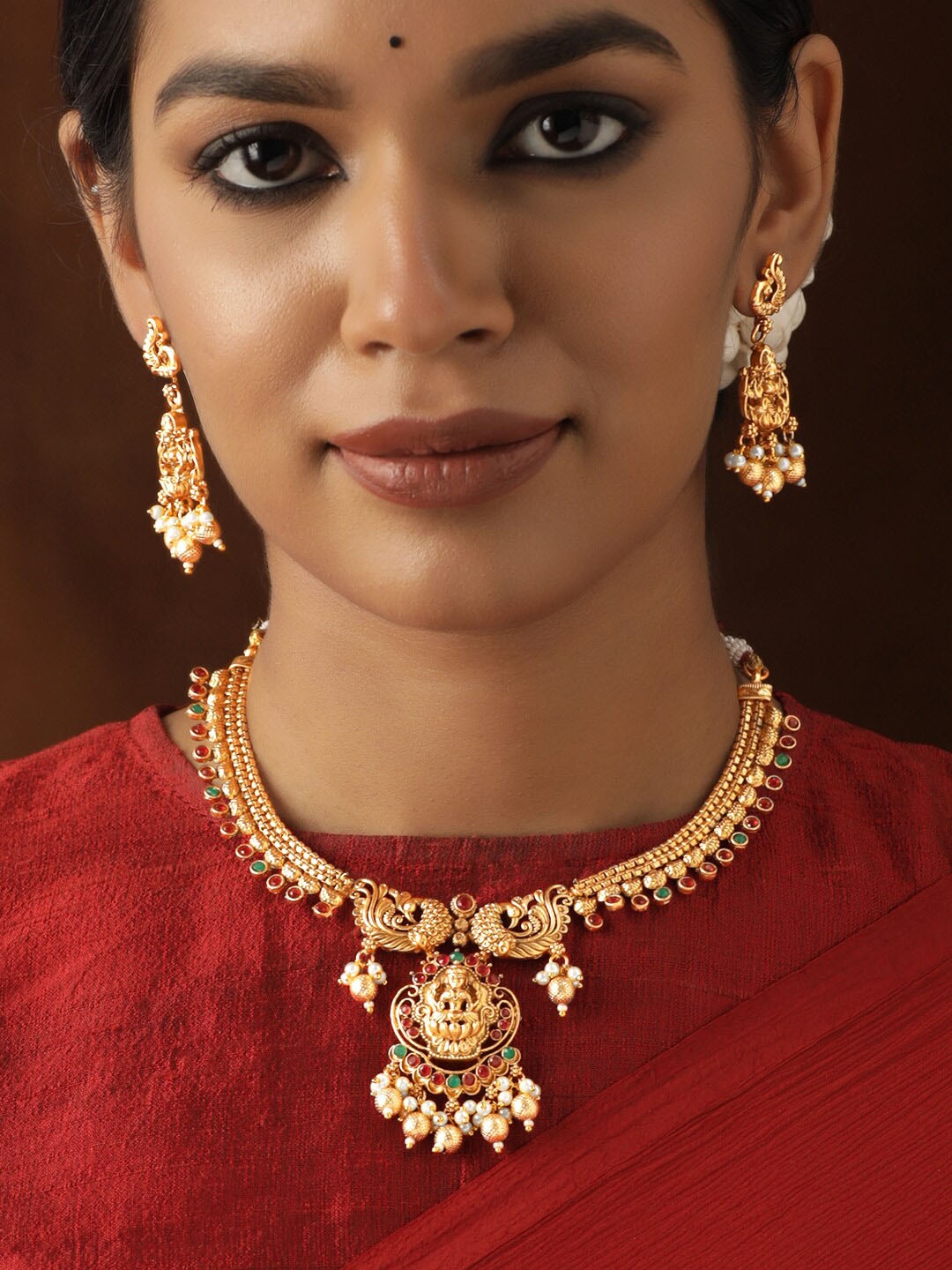 

Rubans 22K Gold-Plated Laxmi Motif Pearl, Ruby, and Emerald Jewellery Set