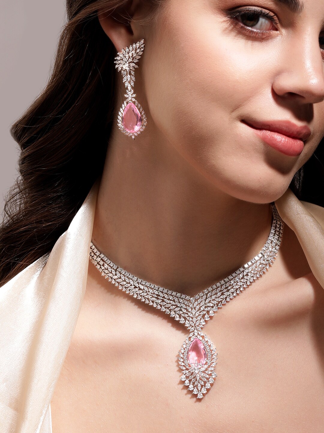 

Rubans Enchanting Blush Pink Stone Zirconia Necklace Set, Silver