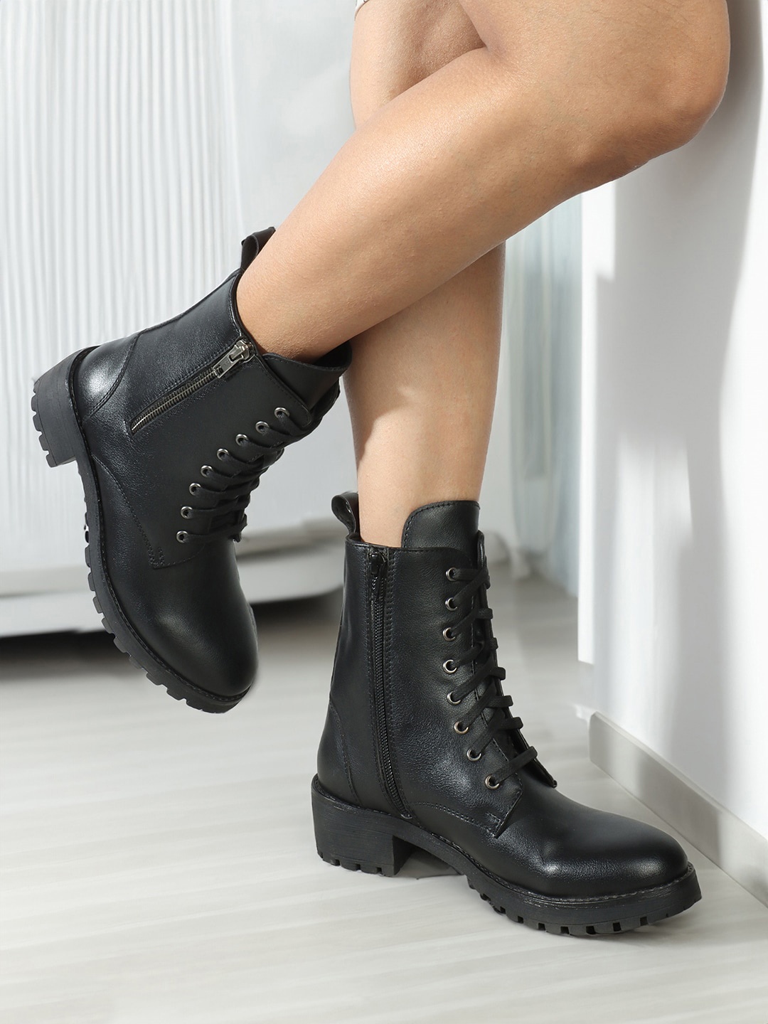 

ELLE Women Mid Top Platform Heeled Regular Boots, Black