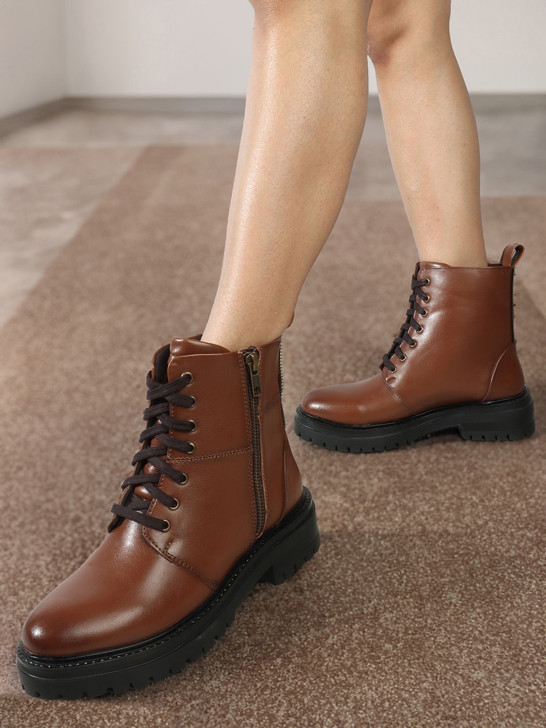 

ELLE Women Heeled Mid-Top Regular Boots, Tan