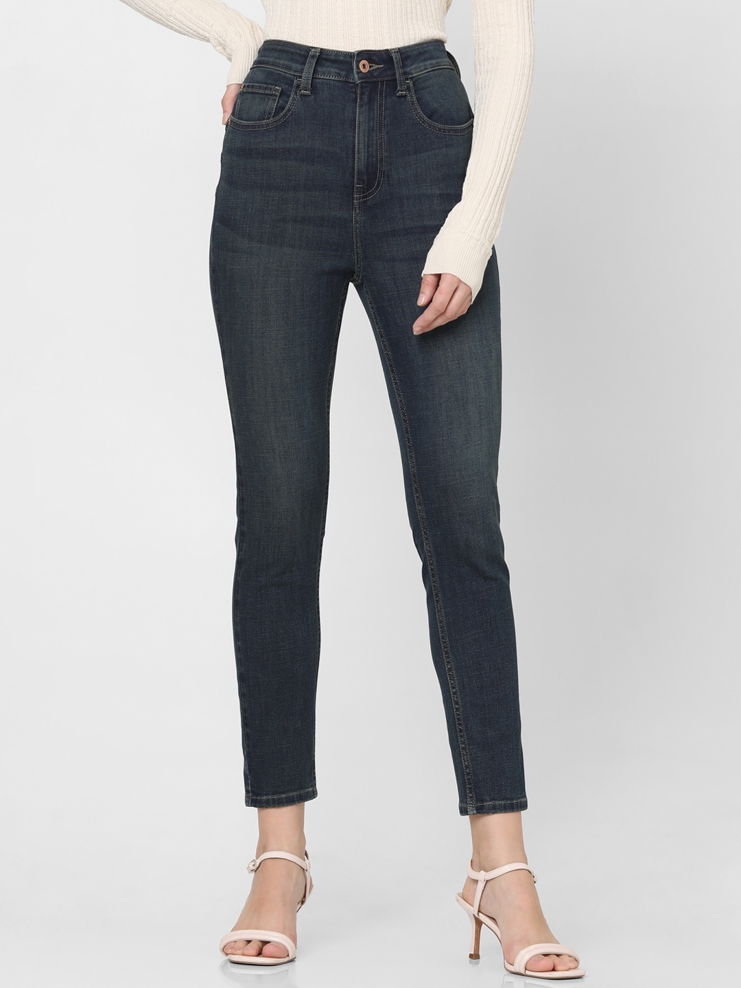 

Vero Moda Women Skinny Fit High-Rise Clean Look Whiskers & Chevrons Stretchable Jeans, Blue