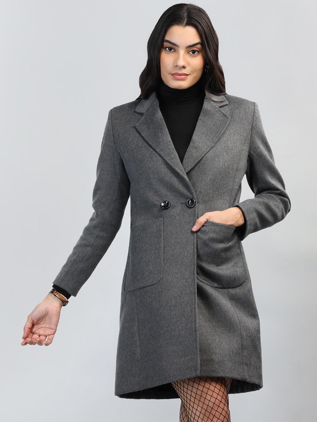 

Dlanxa Notched Lapel Longline Double-Breasted Woollen Overcoat, Grey
