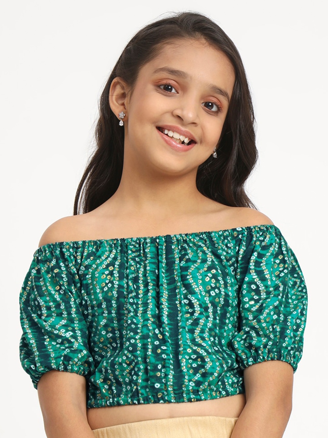 

studio rasa Girls Bandhani Print Off-Shoulder Puff Sleeve Ethnic Bardot Crop Top, Green