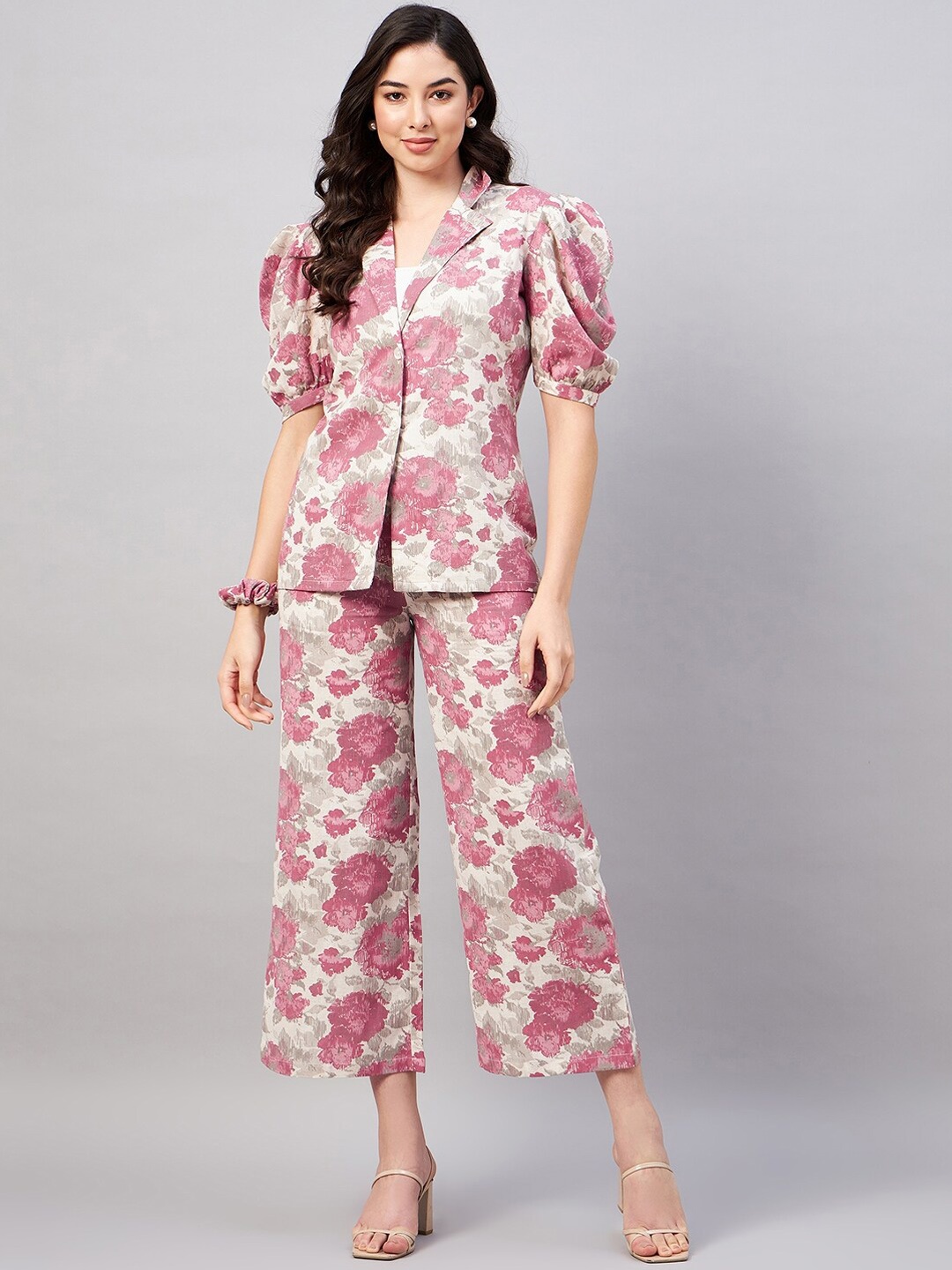 

WineRed Printed Puff Sleeves Blazer With Trouser, Mauve