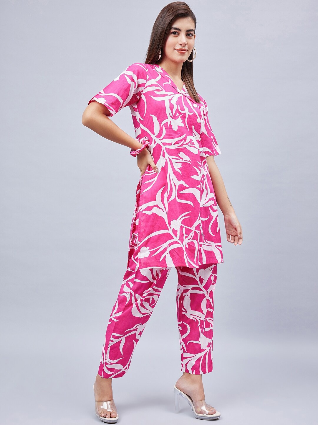 

WineRed Floral Printed Pure Cotton Tunic & Trousers, Pink