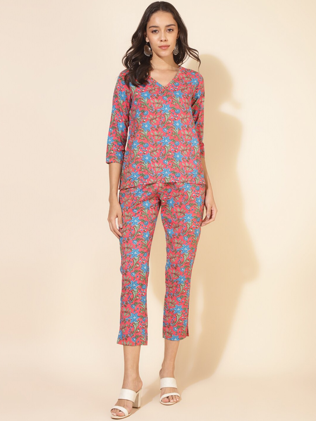 

Janasya Floral Printed Pure Cotton Top & Trousers, Pink