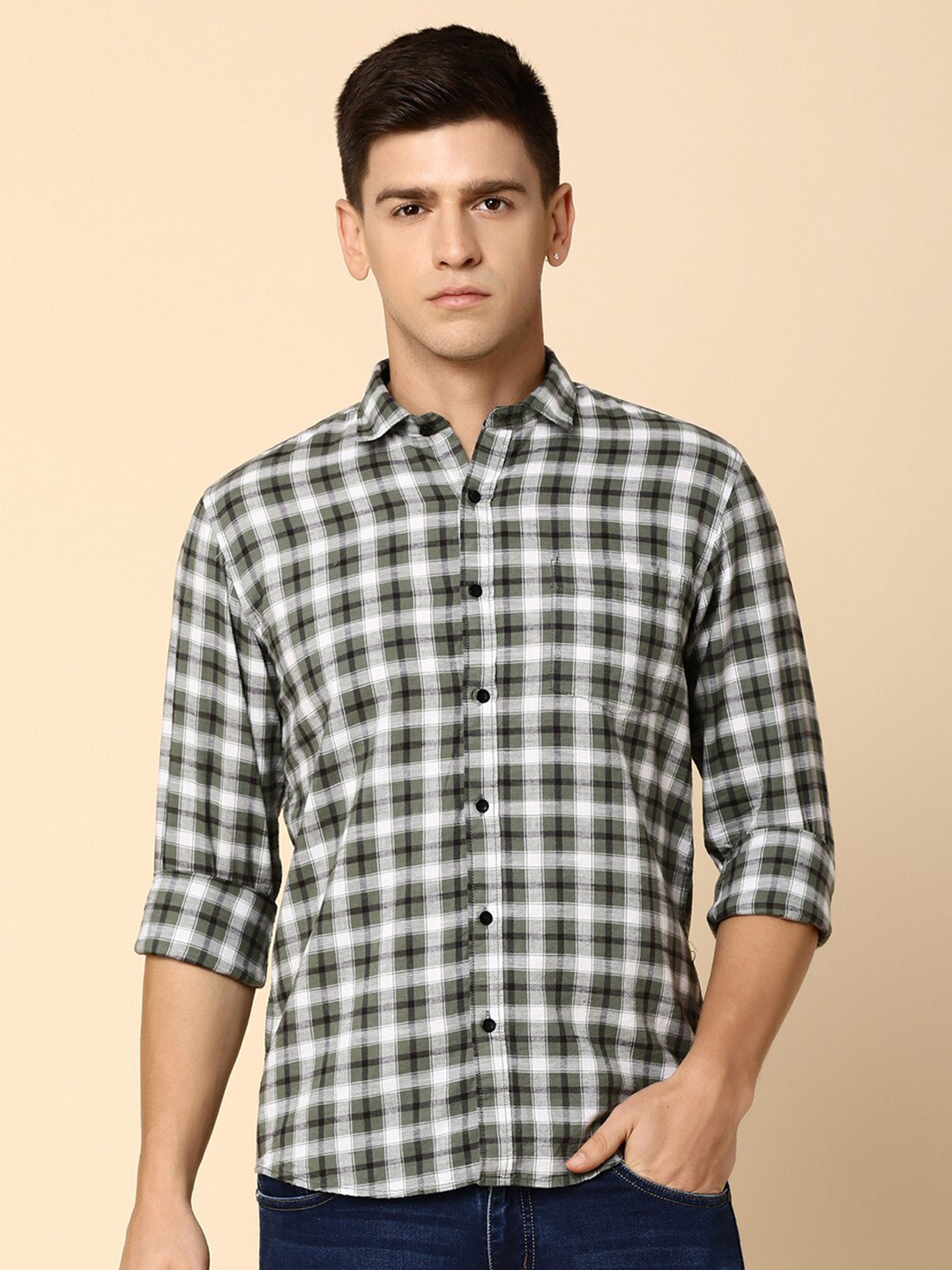 

V-Mart Checked Cotton Casual Shirt, Green