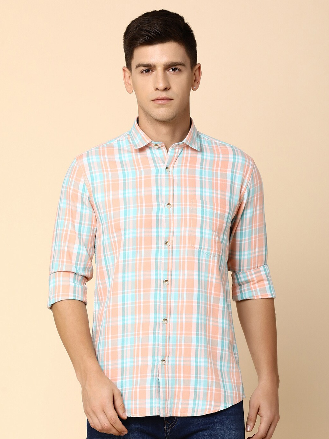 

V-Mart Tartan Checks Opaque Cotton Casual Shirt, Orange