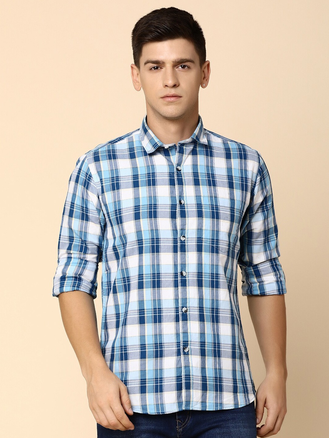 

V-Mart Tartan Checked Spread Collar Long Sleeve Cotton Casual Shirt, Blue