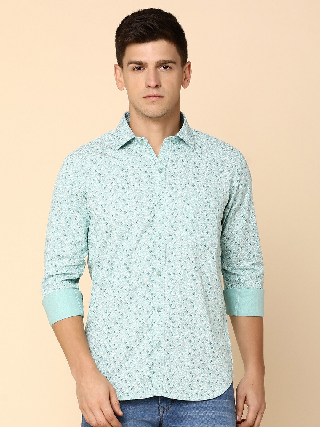 

V-Mart Floral Opaque Printed Twill Cotton Casual Shirt, Green