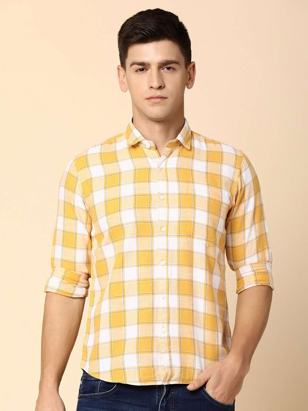 

V-Mart Gingham Checked Spread Collar Long Sleeve Pocket Cotton Casual Shirt, Yellow