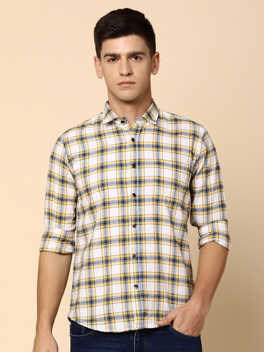 

V-Mart Tartan Checked Spread Collar Long Sleeve Cotton Casual Shirt, Yellow