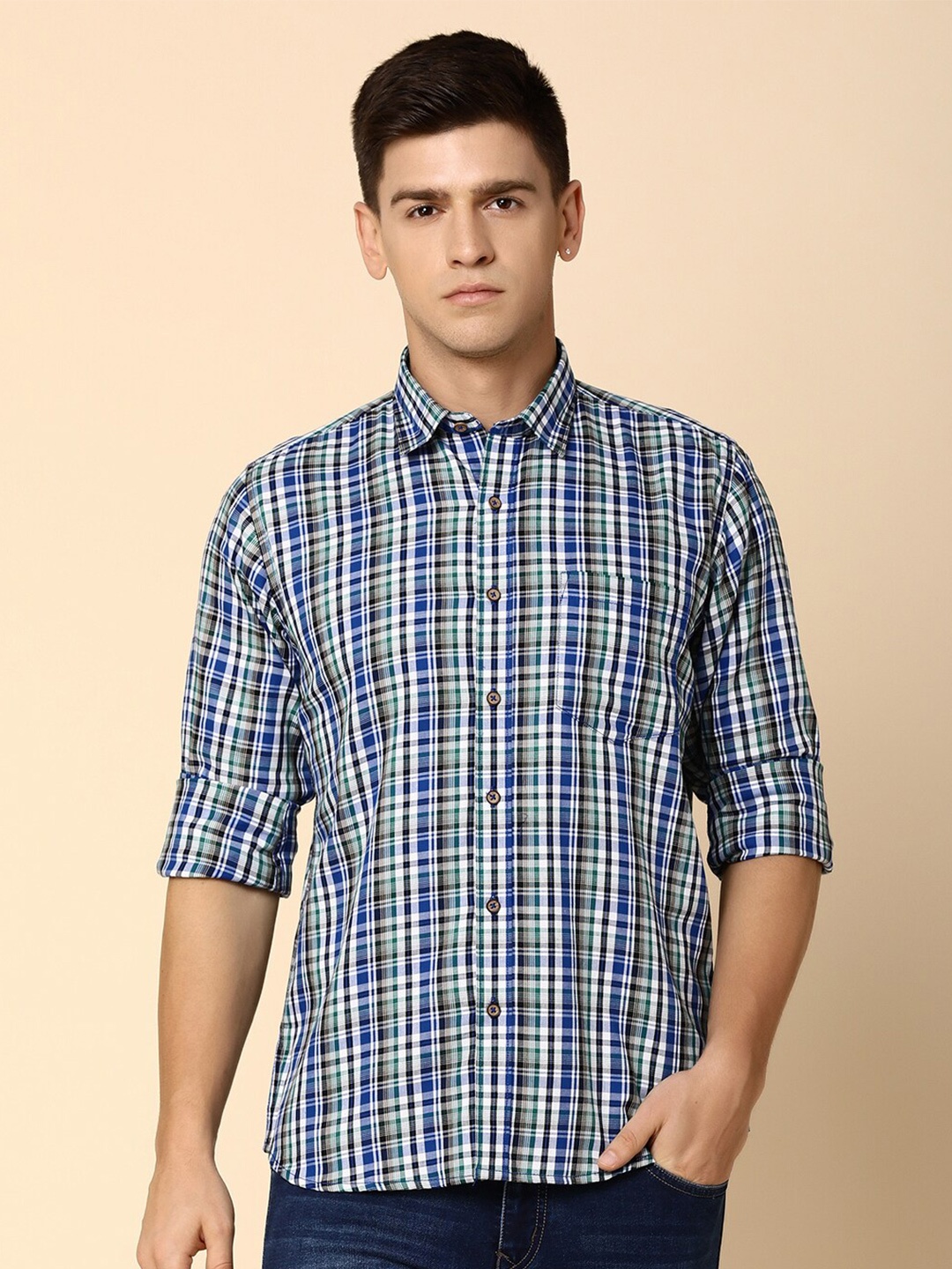 

V-Mart Gingham Checked Twill Cotton Casual Shirt, Blue