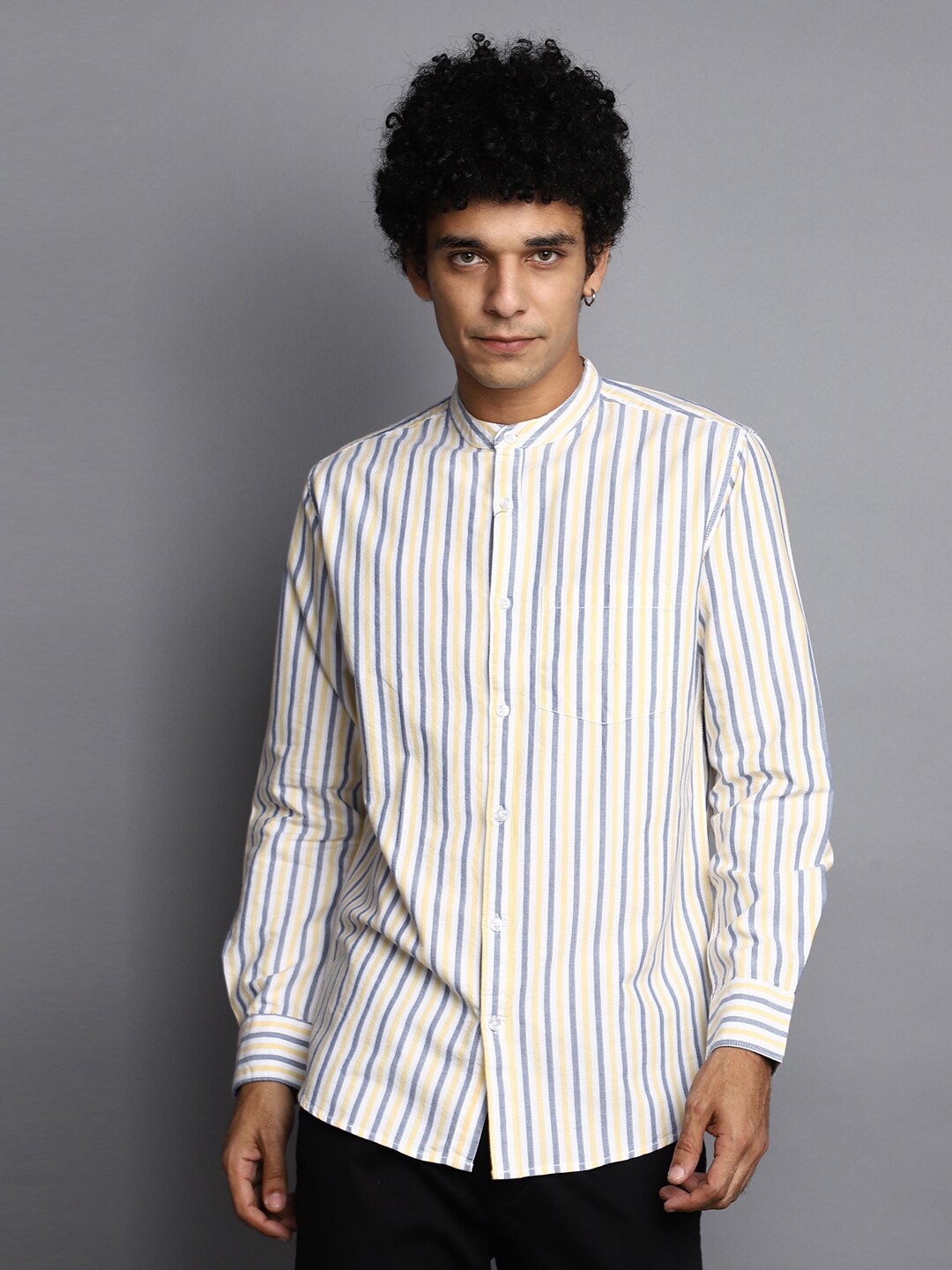 

V-Mart Slim Fit Striped Band Collar Long Sleeve Cotton Casual Shirt, Yellow