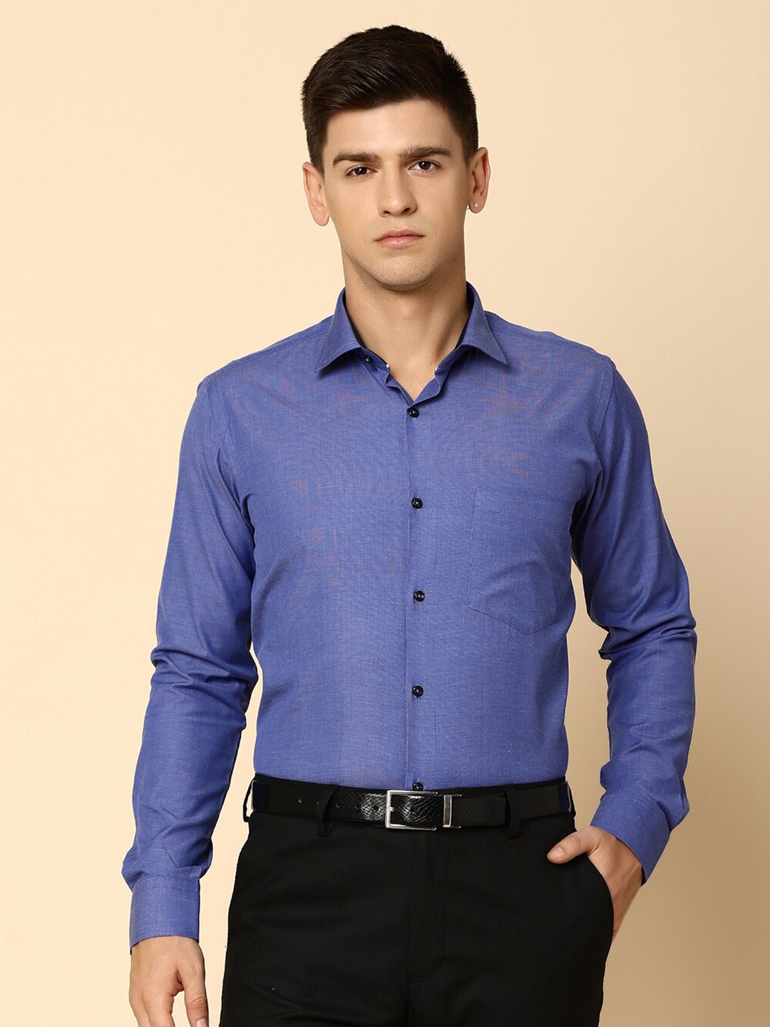 

V-Mart Spread Collar Long Sleeve Pocket Cotton Formal Shirt, Blue