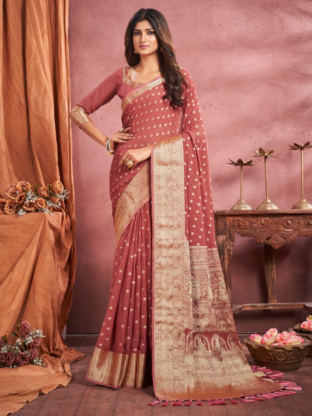 

FLOURIOUS Ethnic Motifs Woven Design Zari Pure Georgette Banarasi Saree, Peach