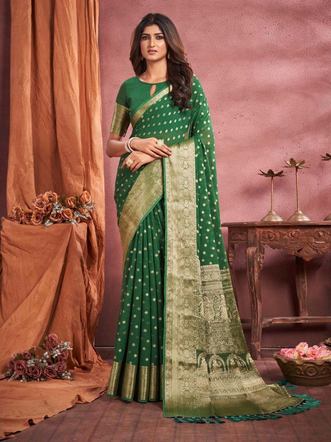 

FLOURIOUS Ethnic Motifs Woven Design Zari Pure Georgette Banarasi Saree, Green