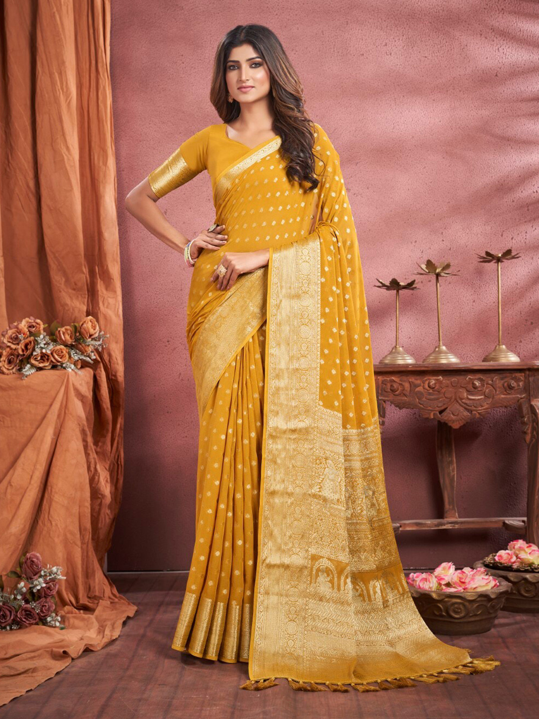 

FLOURIOUS Ethnic Motifs Woven Design Zari Pure Georgette Banarasi Saree, Green