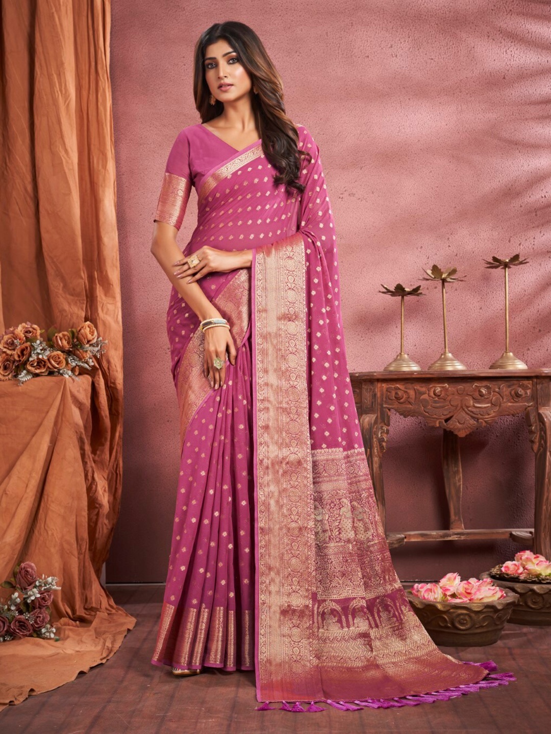 

FLOURIOUS Purple Ethnic Motifs Woven Design Zari Pure Georgette Banarasi Saree
