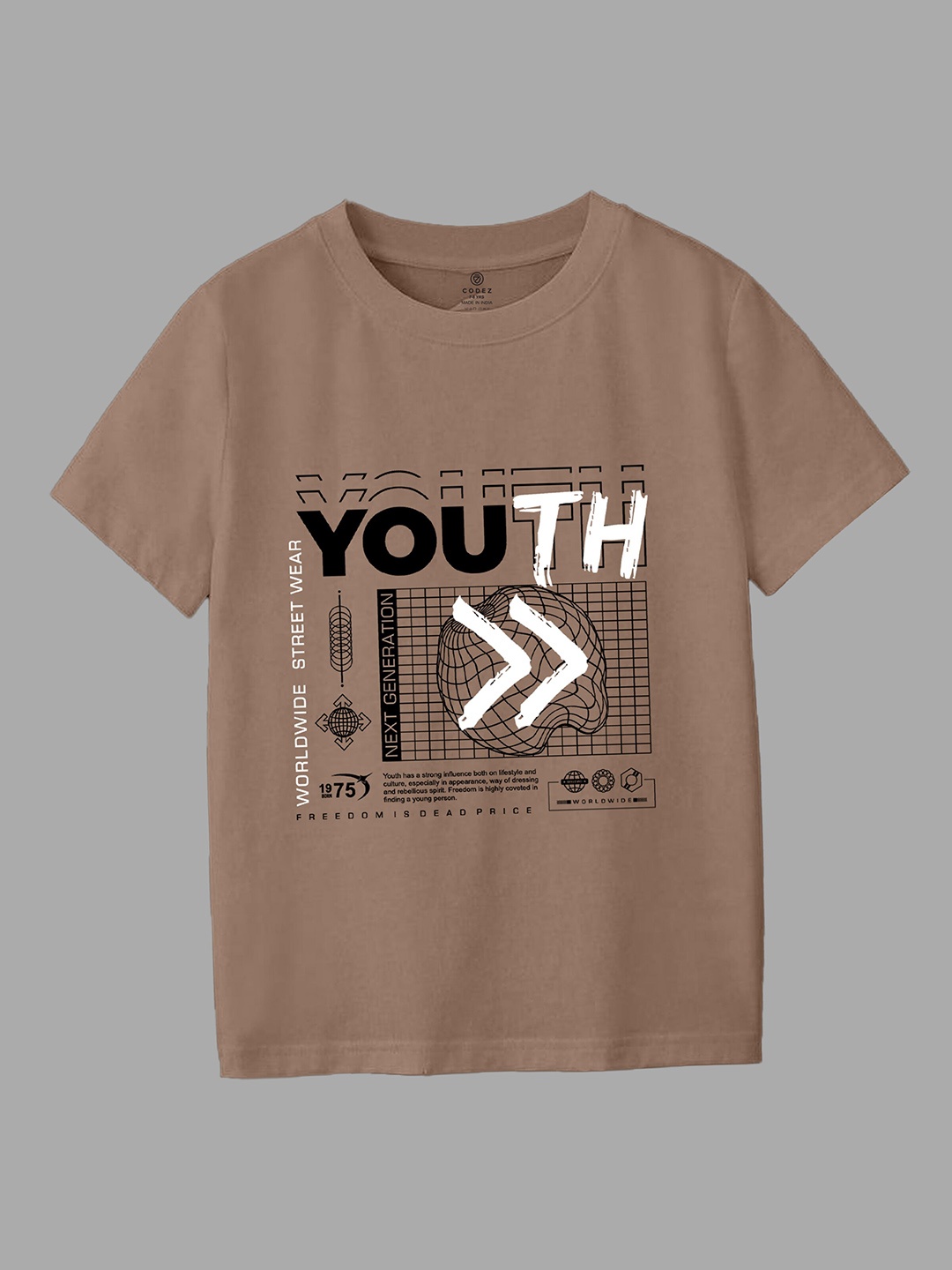 

CODEZ Boys Typography Printed Round Neck Pure Cotton T-shirt, Coffee brown