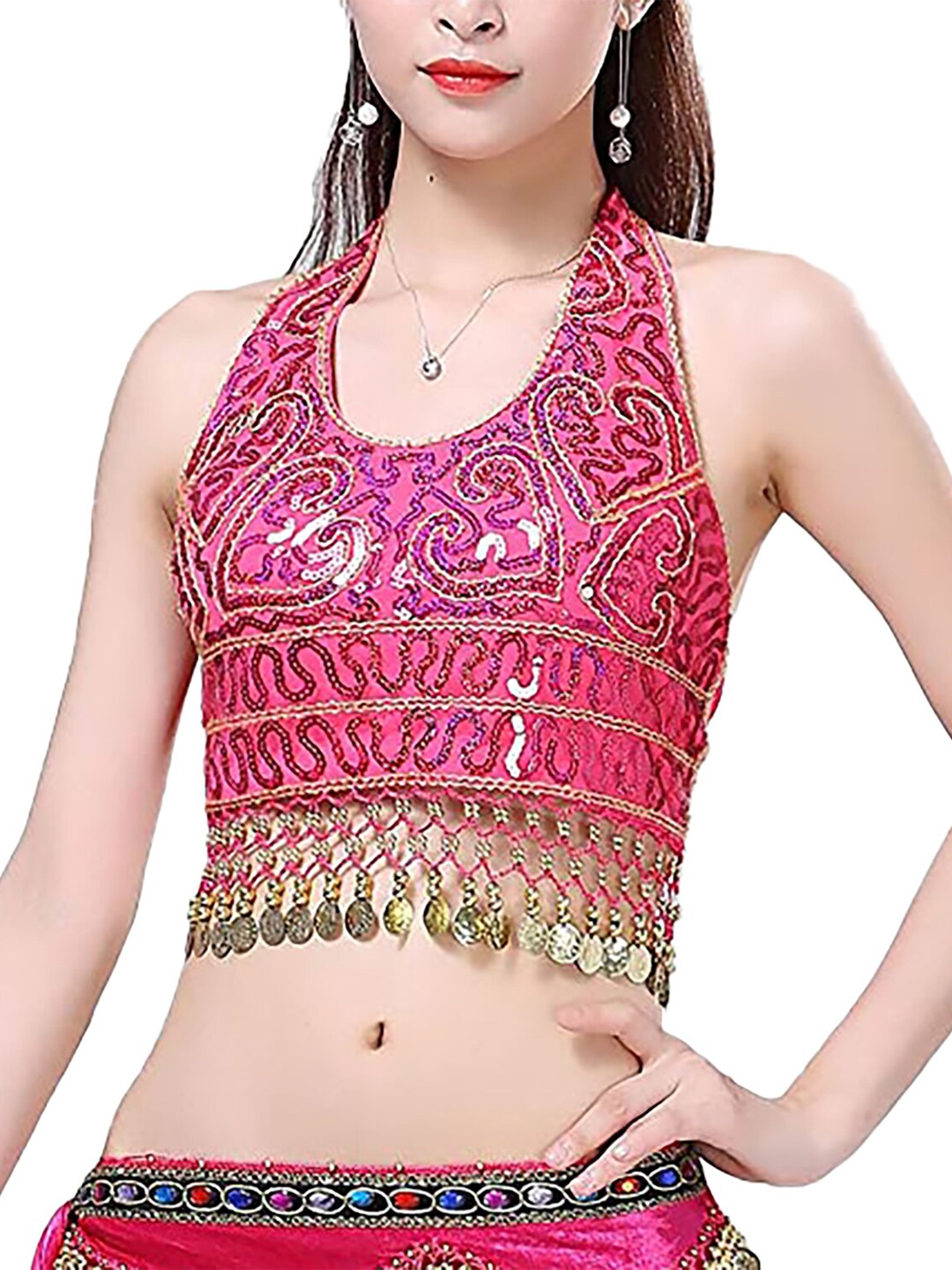 

JENNA Lady's Embellished Halter Neck Sequined Crop Bralette Top With Chest Pad Coins, Pink