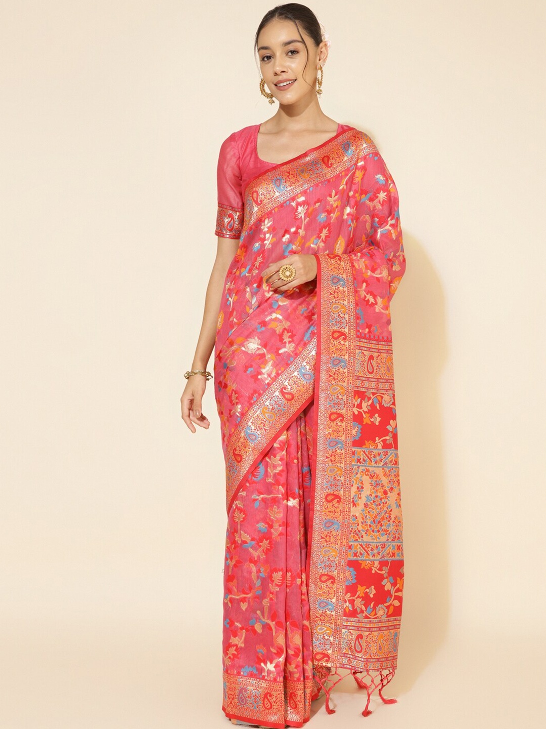 

Janasya Pink & Blue Ethnic Motifs Woven Design Zari Pure Silk Chanderi Saree