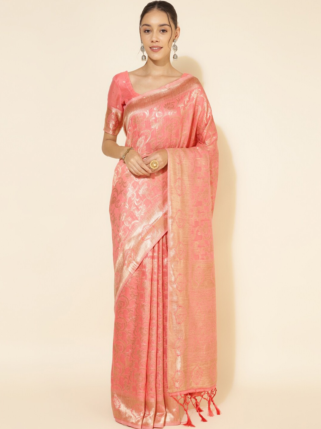 

Janasya Peach-Coloured Ethnic Motifs woven Design Zari Pure Silk Chanderi Saree