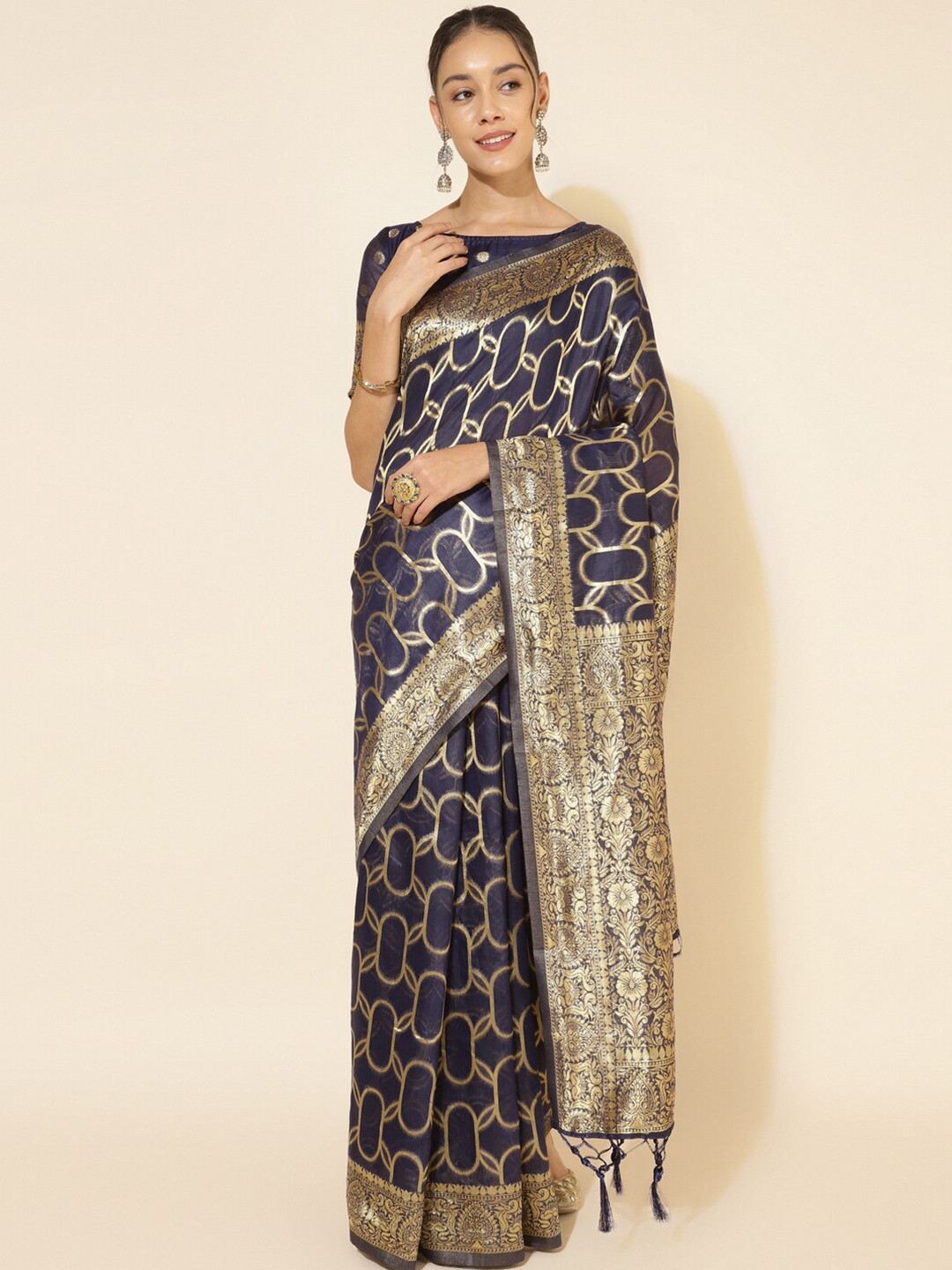 

Janasya Woven Design Zari Pure Silk Chanderi Saree, Navy blue