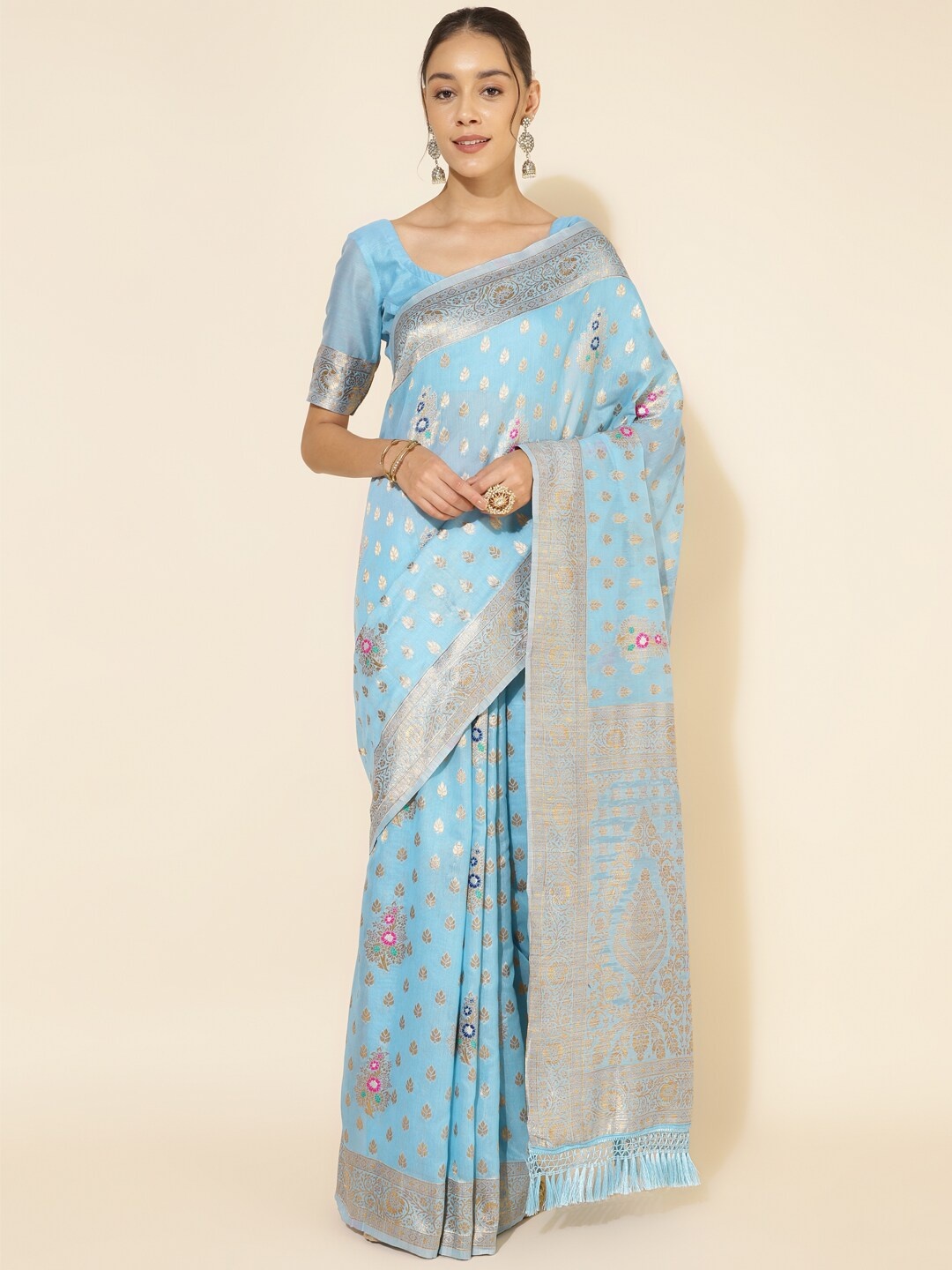 

Janasya Ethnic Motifs Woven Design Zari Pure Silk Chanderi Saree, Blue