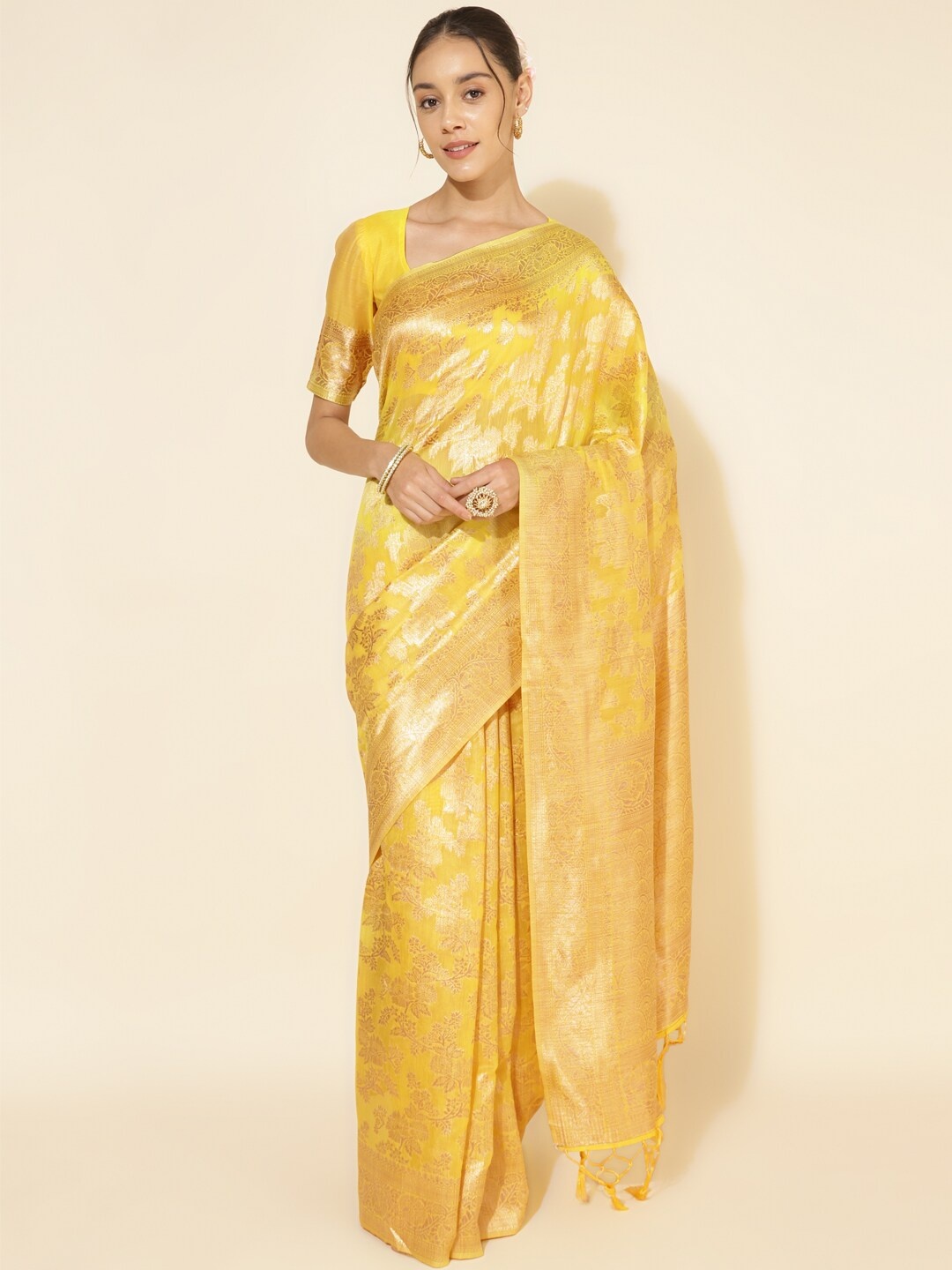 

Janasya Ethnic Motifs Woven Design Zari Pure Silk Chanderi Saree, Yellow