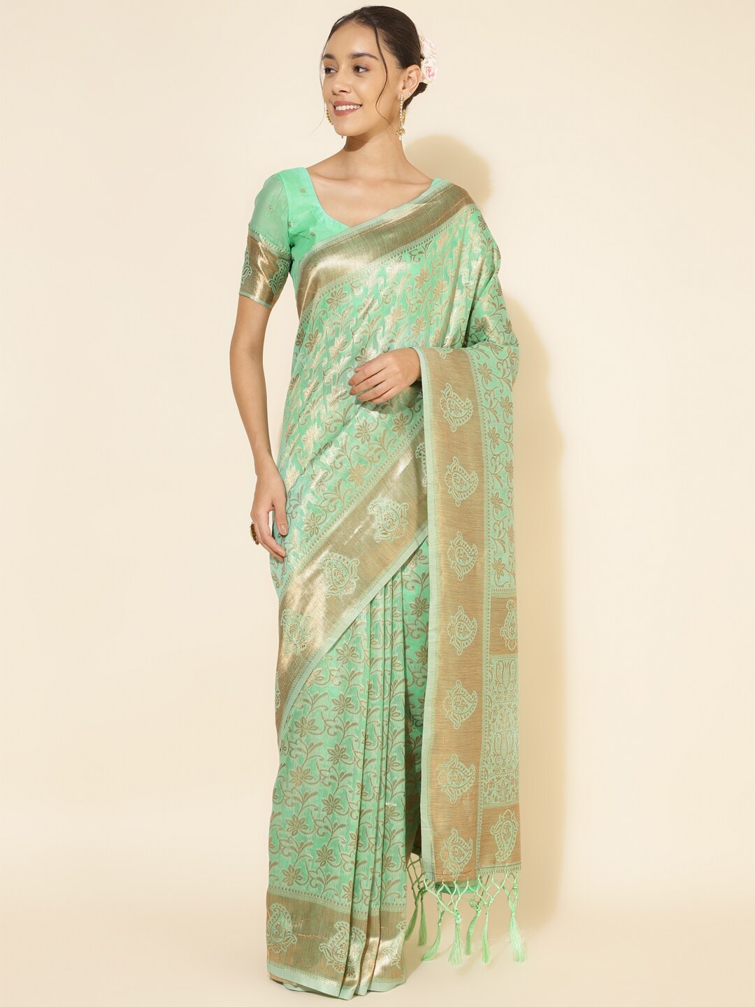 

Janasya Ethnic Motifs Woven Design Zari Pure Silk Chanderi Saree, Green