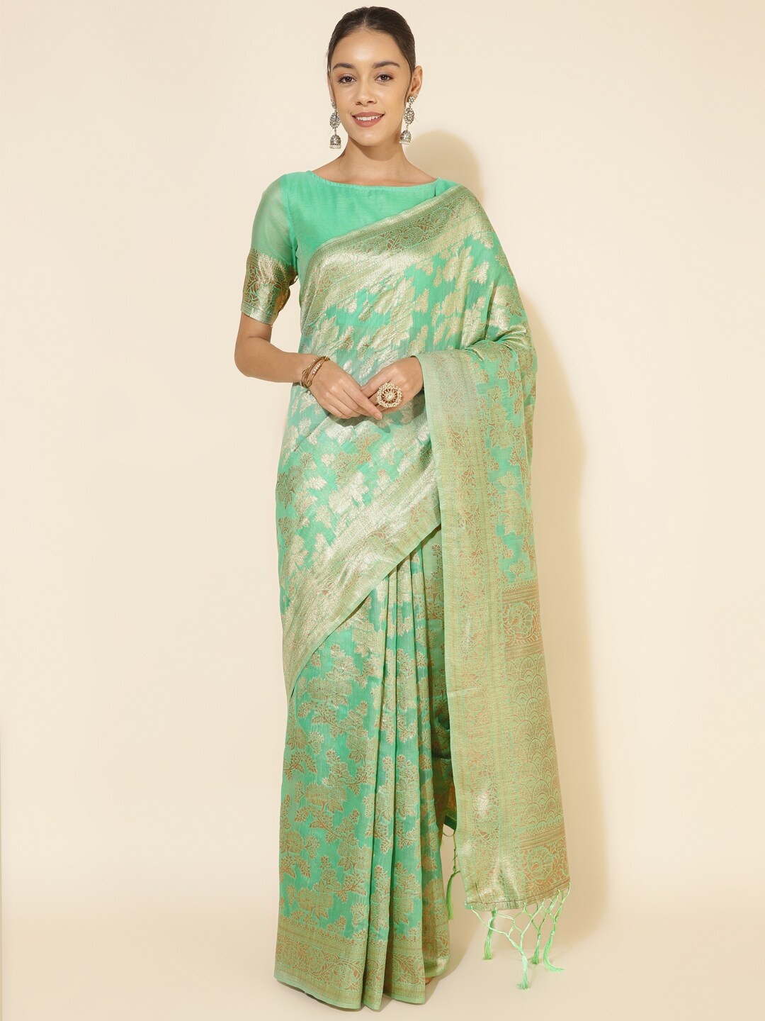 

Janasya Green Woven Design Zari Pure Silk Chanderi Saree