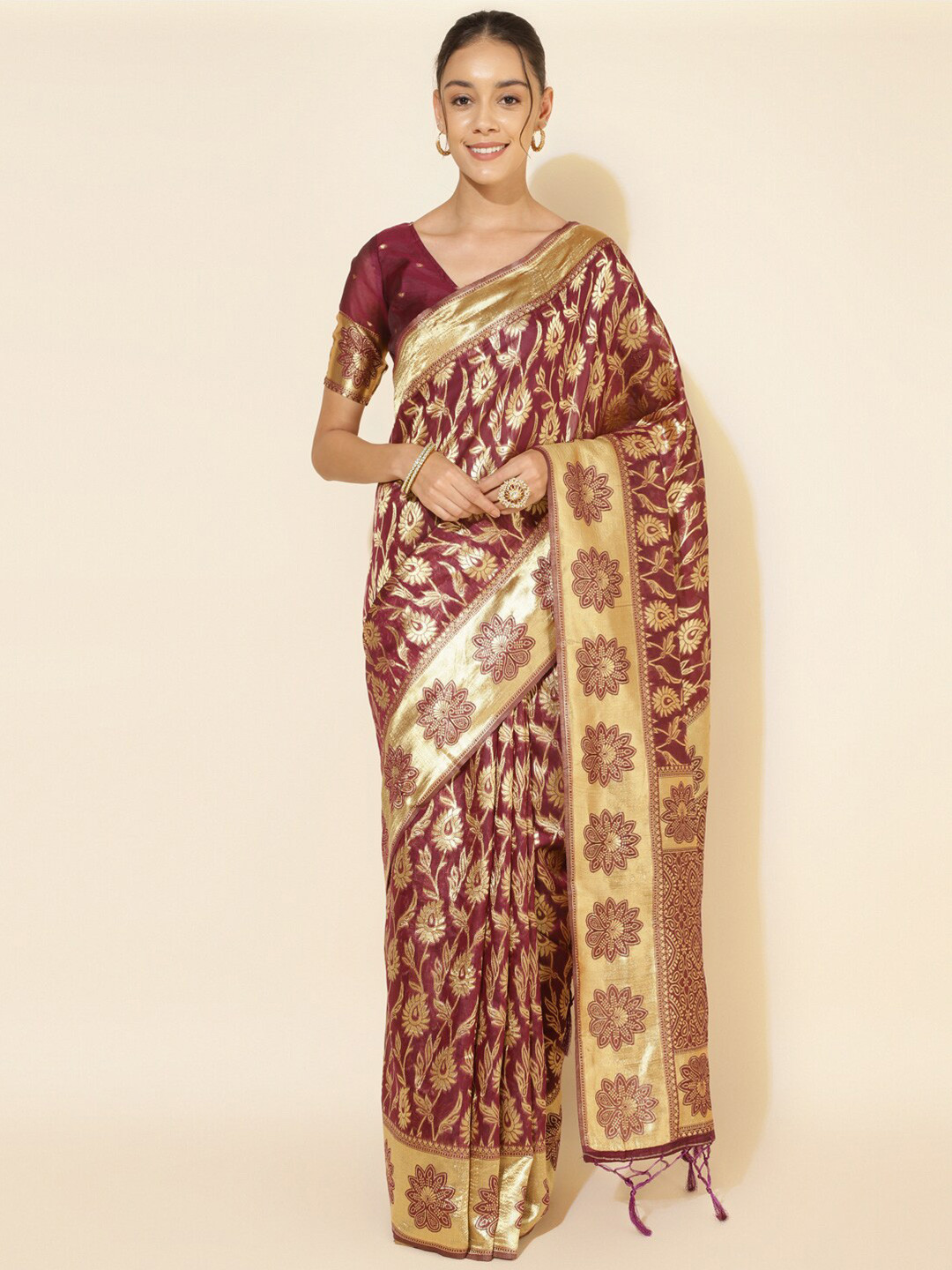 

Janasya Purple & Gold-Toned Woven Design Zari Pure Silk Chanderi Saree