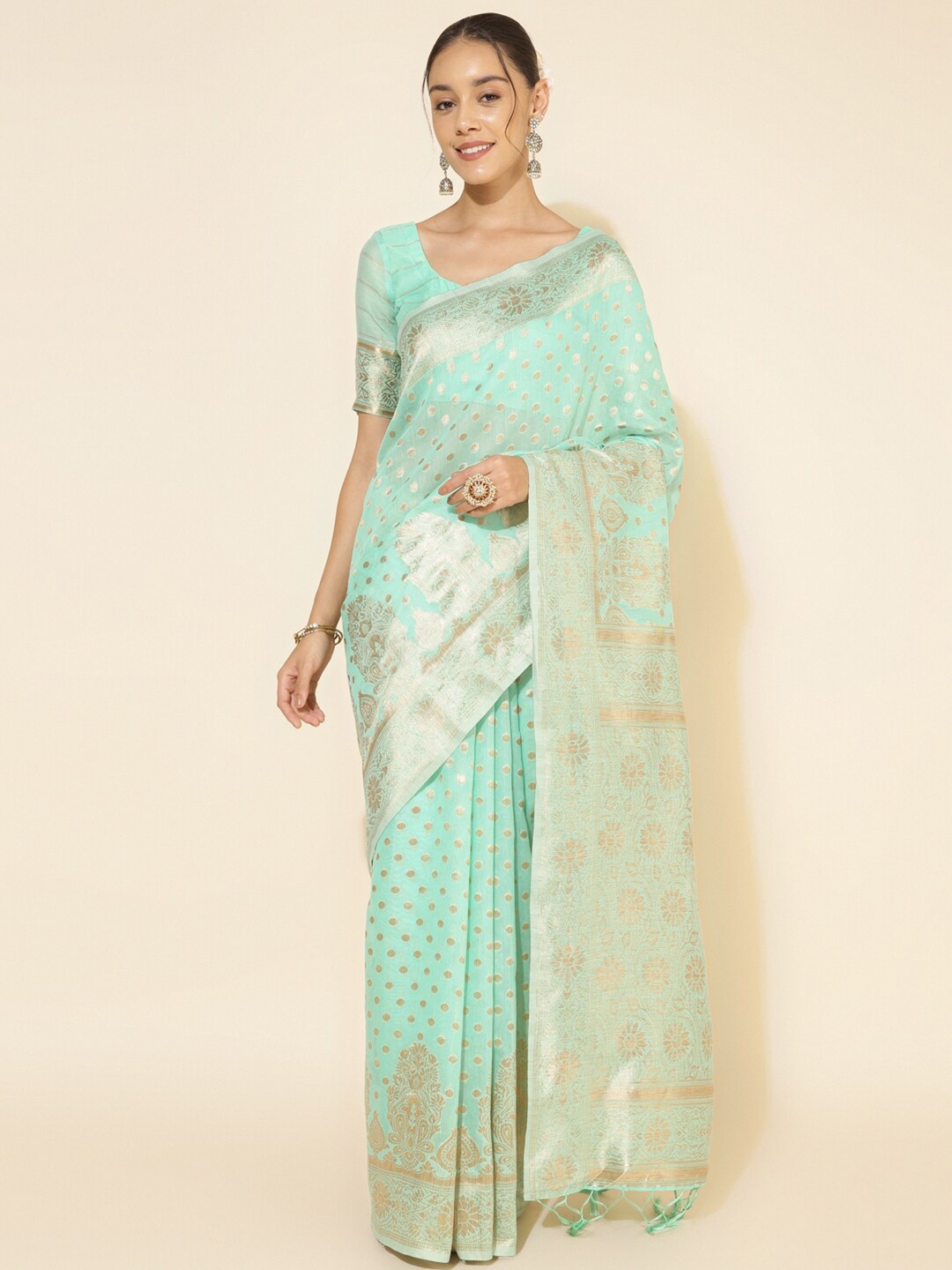 

Janasya Sea Green & Gold-Toned Woven Design Zari Pure Silk Chanderi Saree