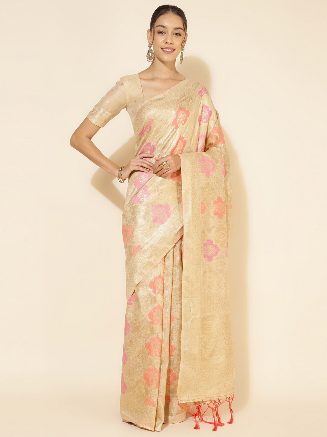 

Janasya Cream-Coloured & Pink Woven Design Zari Pure Silk Chanderi Saree