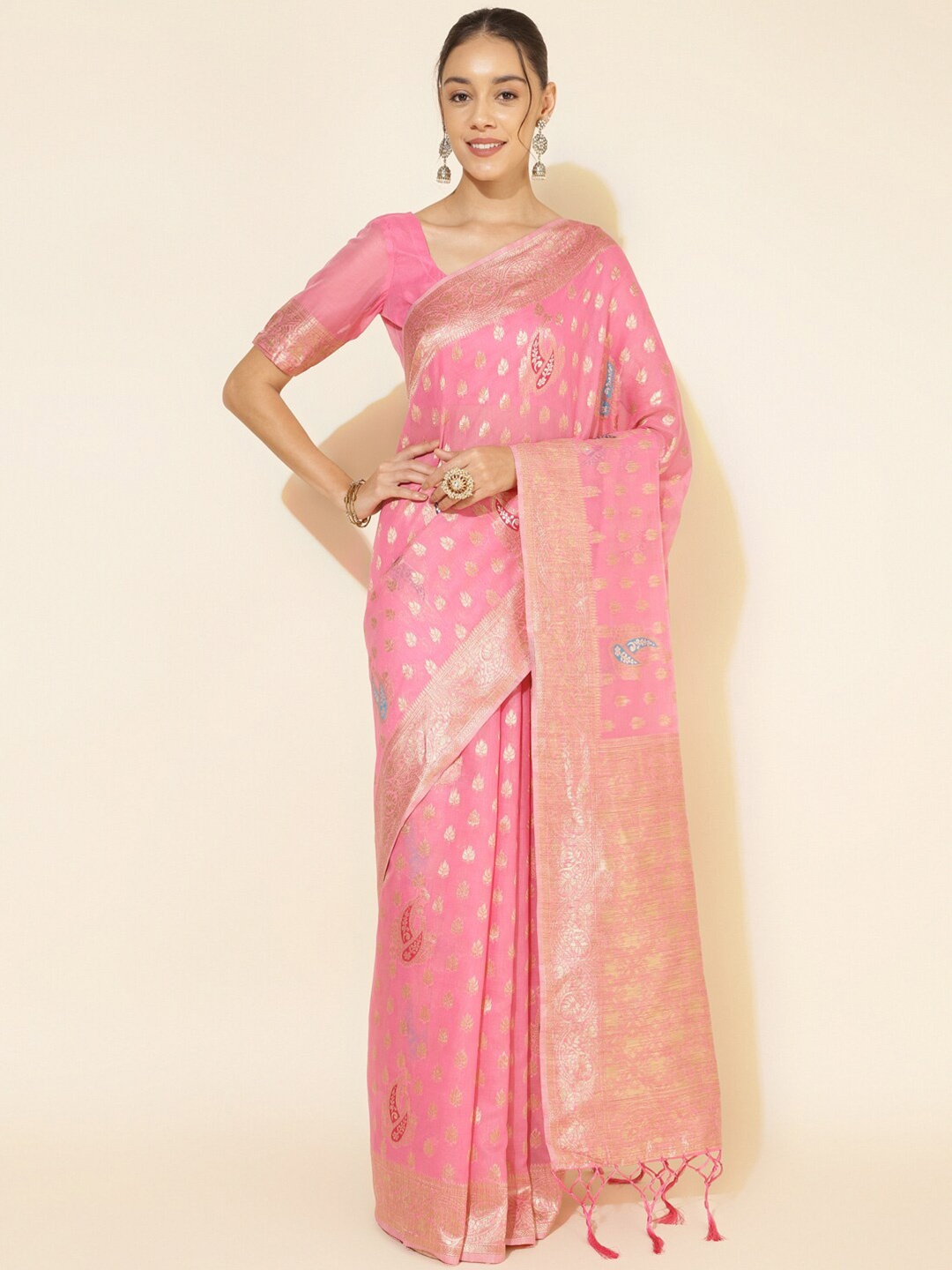 

Janasya Ethnic Motifs Woven Design Zari Pure Silk Chanderi Saree, Pink
