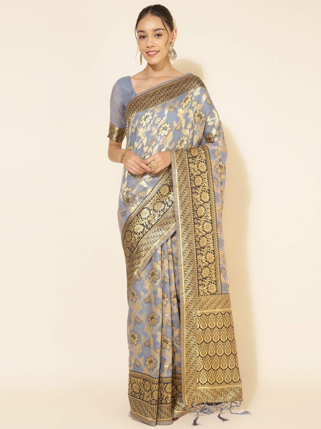 

Janasya Ethnic Motifs Woven Design Zari Pure Silk Chanderi Saree, Grey
