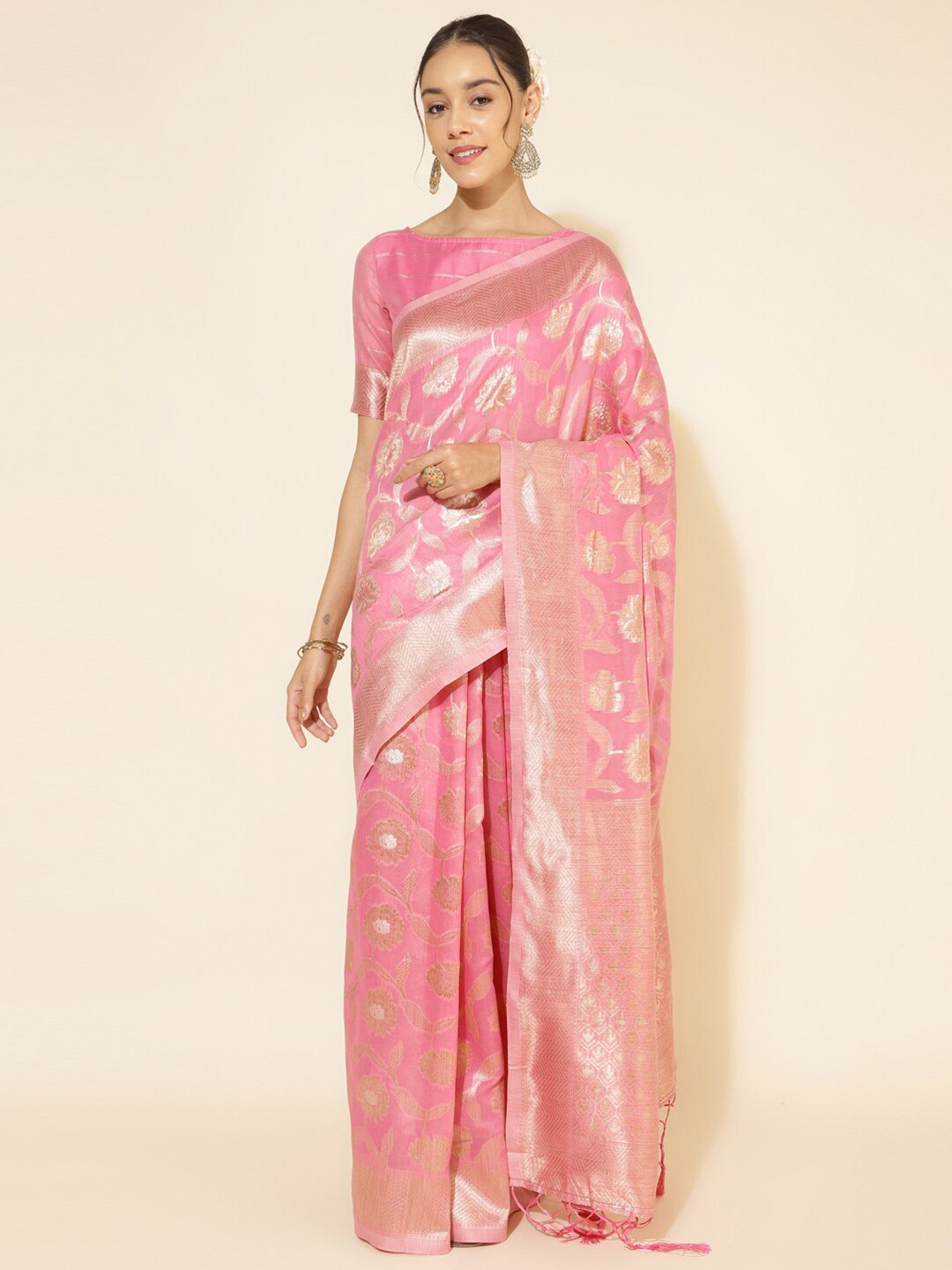 

Janasya Ethnic Motifs Woven Design Zari Pure Silk Chanderi Saree, Pink