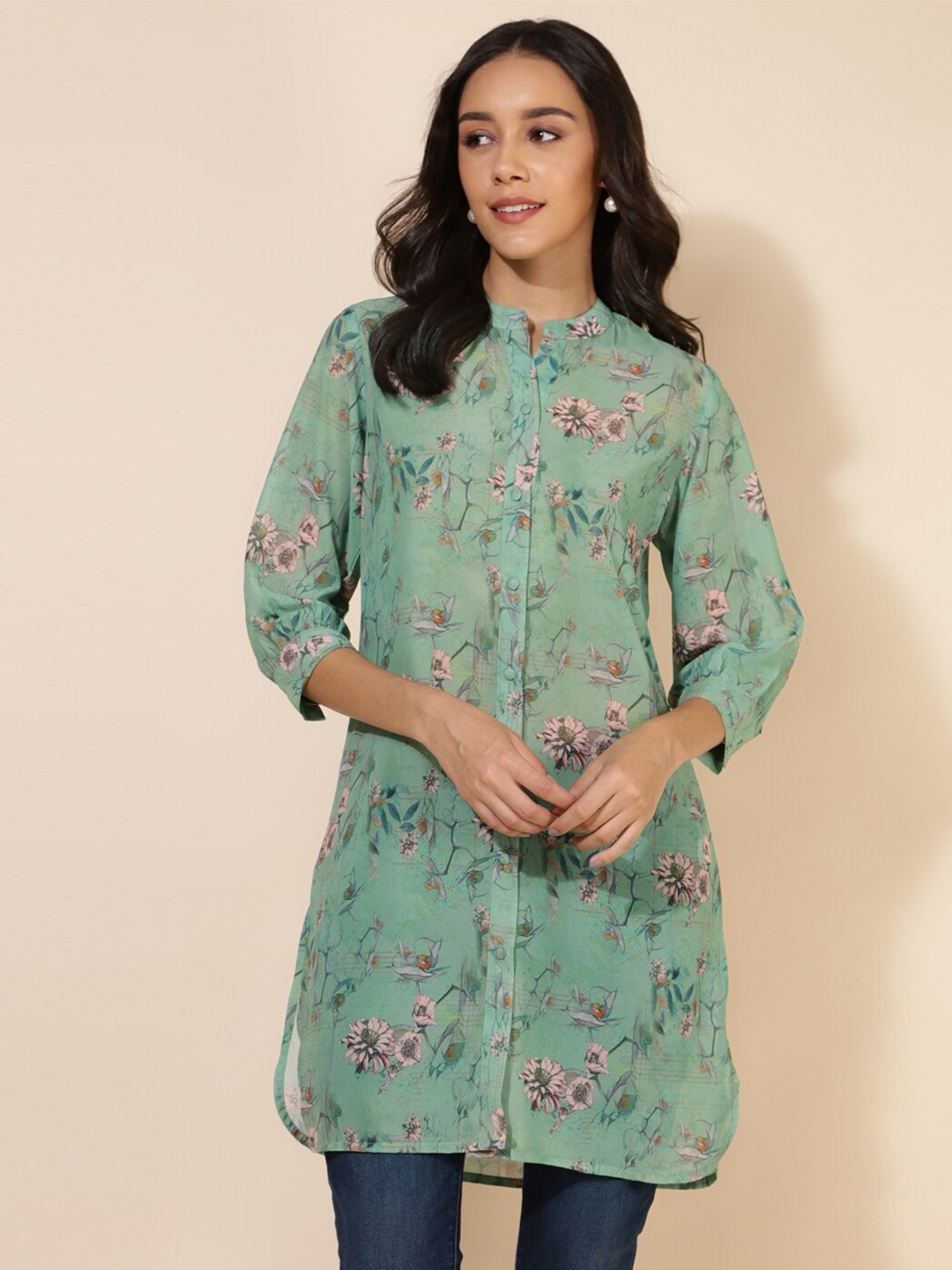 Janasya Green Floral Printed Mandarin Collar Panelled Kurta