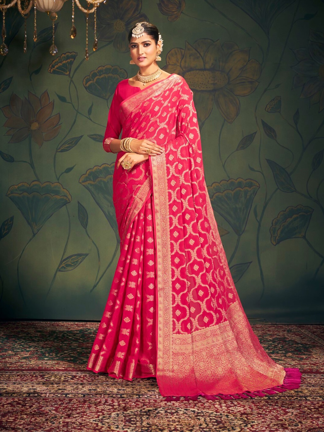 

FLOURIOUS Ethnic Motifs Woven Design Zari Pure Georgette Banarasi Saree, Pink